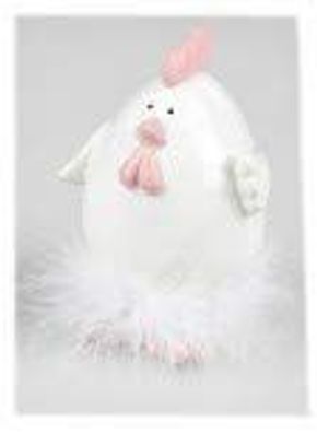 Huhn weiss-rosa 7x10cm aus glasierter Keramik mit Glitter und Federn