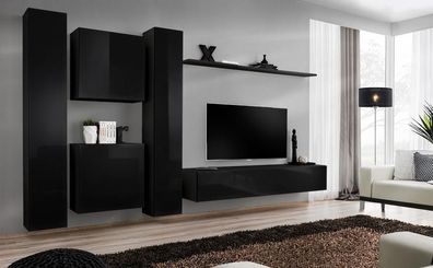Schwarz Wohnwand TV Ständer Luxus Wohnzimmer Möbel Komplette Set 6 tlg Moderne