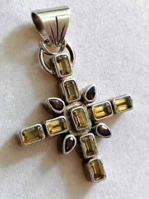 XXL Antik Silber 925 Kette Anhänger Kreuz mit Citrinen & Granaten, Art Deco, Top