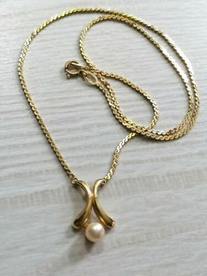 Gold Kette Collier Gelbgold 333 mit elegante Perle von A&D, 42.5cm, 5.28g, Neu!