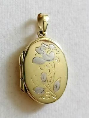 Gold Kette Anhänger Medaillon Amulett Gelb-Weiß Gold 333 Blumen Gravur, Top