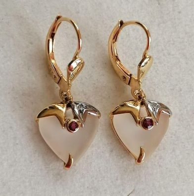 Gold Ohrringe Ohrhänger Herzen Gelbgold 585 14K mit Bergkristall, Rubin, Diamant