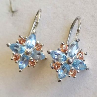 Silber 925 Ohrringe Ohrhänger Blumen mit Aquamarin & Citrin, Neuwertig , Top
