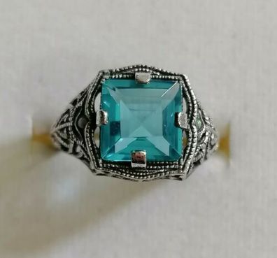Silber Ring 925 mit elegante groß Aquamarin & Opal, Antik style, Gr.57, Neu, Top!!