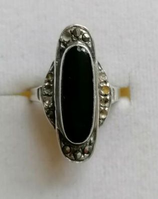Antik Silber Ring 925 mit elegante groß Onyx & Markasiten , Gr.49, Art Deco
