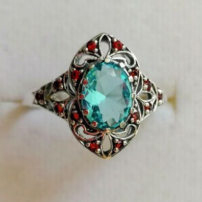 Silber Ring 925 mit elegante groß Aquamarin & Rubinen, Antik style, Gr.56, Neu!