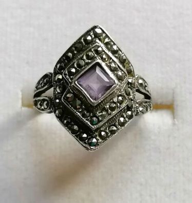 Antik Silber Ring 925 mit elegante Amethyst & Markasiten , Art Deco, Gr.53, Top!!