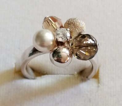 Silber Ring 925 mit Perle, Edelstein Kugeln, Gr.59 , Neuwertig , Art Deco, Top