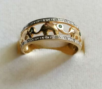 Goldring Gelbgold Ring 333, 3 Elefanten 3 Smaragden & 16 Diamanten 0.16ct, Gr.62