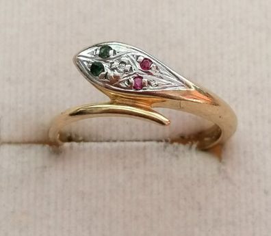 Antik Goldring Schlange Gelbgold Ring 333 Smaragd, Rubin & Diamant 0.02ct, Gr.56