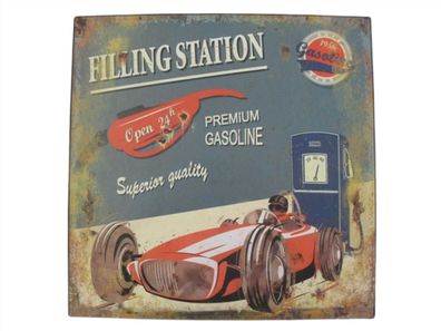 Blechschild Reklameschild Filling Station Premium Gasoline, Rennwagen 30x30 cm