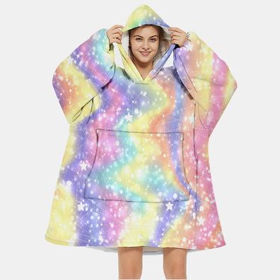 Damen Hoodie Blanket Flanell Regenbogen Bademantel mit Bauchtaschen Warm Nachthemd