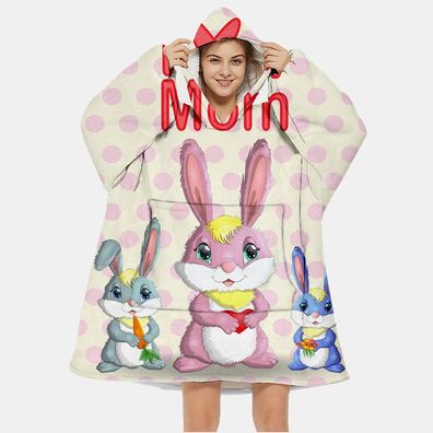 Damen Pajamas Süß Kaninchen Flanell Hoodie Blanket Robe mit Bauchtaschen Morgenmantel