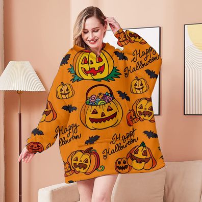 Damen Halloween Thema Hoodie Pajamas Kürbis-Lampen Mantel Loungewear Winter Nachthemd