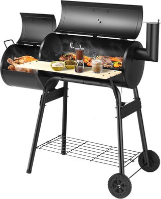 Holzkohlegrill mit Deckel, Grillwagen mit Rädern, Seitenfeuerbox, Seitentisch, Regal