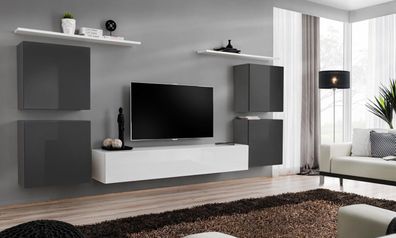 Wohnzimmer Weiß Wohnwand Set Wandregal TV-Ständer Holzmöbel 2x Vitrine Wohnwand