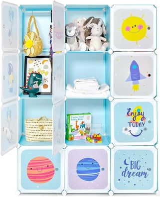 Kinder Kleiderschrank, Regalsystem aus Kunststoff mit 12 Würfeln, Kinderregal, Blau