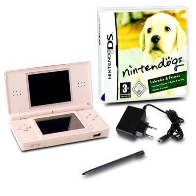 DS LITE Konsole Rosa #74A + ähnl Ladekabel + Spiel Nintendogs Labrador & Friends