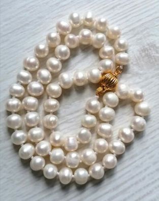 Elegante Perlen Kette Collier Gelbgold 585 14K Verschluss, 48cm, 33,15g, Neu, Top!
