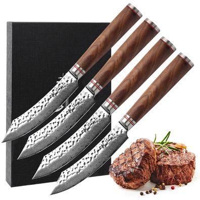 Wakoli exklusives 4er Damast Steakmesser-Set extrem scharfe 12,50 cm Klingen aus ...