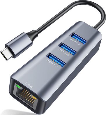 USB C Hub 3.0, Aluminium USB LAN Adapter 1000Mpbs 3 USB Ports, RJ45 Gigabit Ethernet
