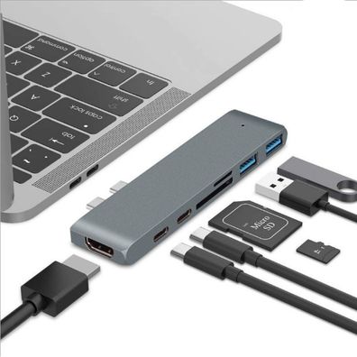USB C Adapter,3 USB 3.0 Anschléssen, TF, SD Kartenleser, Thunderbolt 3, Farbe: Grau