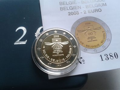 Original 2 euro 2008 PP Belgien Menschenrechte in Schatulle und Zertifikat