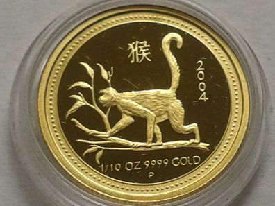 15$ 2004 PP Australien Lunar Affe 1/10 Unze Gold 3,11g Gold 15 Dollars 2004 PP Affe