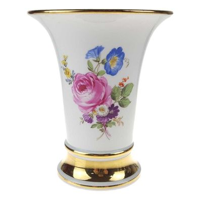 Blumenvase Tischvase Trichtervase Vase H 13,7 cm Meissen Blumenmalerei Golddekor