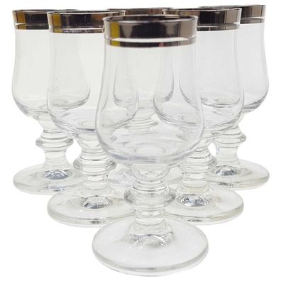 6er Set Schnapsglas auf Fuß Glas Platinrand Transparent H 9,5 cm