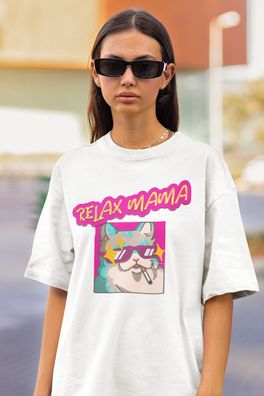 BIO Baumwolle Damen T-Shirt Oversize FUNNY Relax Mama Love Kitty