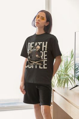 Bio Damen T-Shirt Oversize Funny Kaffee Spruch: Death Bevor Coffee