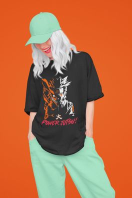 Bio Baumwolle Damen Oversize T-Shirt Naruto Power Jutsu Fuchs Face