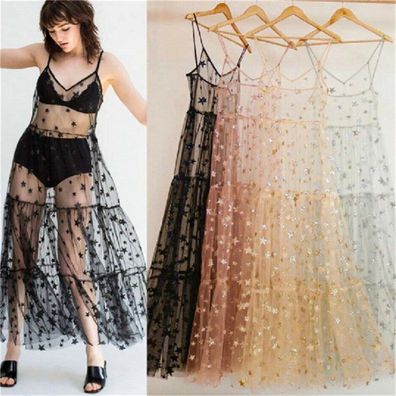 Sternen Netz Tüll Kleid/ Sommer Fischnetz Netz Shirt/ Sterne bestickt Netz Kleid