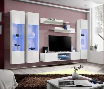 Modern Wohnwand Weiß Stil Designer TV Ständer Hänge Vitrine Luxus Wohnzimmer