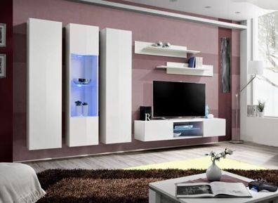 Weiß Wohnwand Hänge Vitrine TV Ständer Luxus Wandschrank Einrichtung Holz Möbel