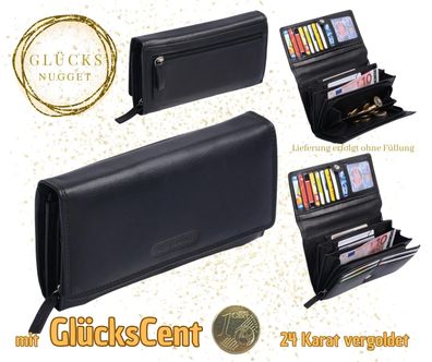 GlücksNugget Leder Damengeldbörse mit Reißverschluss Langbörse schwarz Portemonnaie
