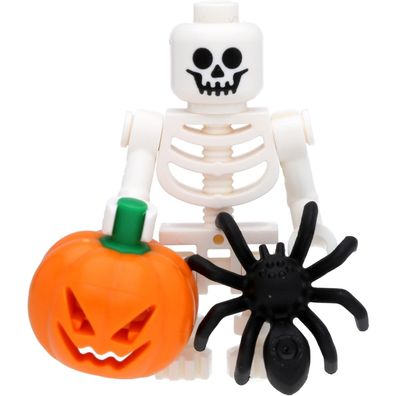 LEGO Minifigur Skelett mit Halloween-Kürbis und Spinne