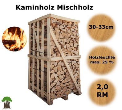 Brennholz Mischholz Laubholz kaminfertig 2RM Palette (luftgetrocknet ) - 33 cm