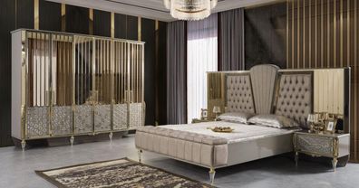 Doppelbett Luxus Garnitur Schlafzimmer Beige Nachttische Holz Set 4tlg