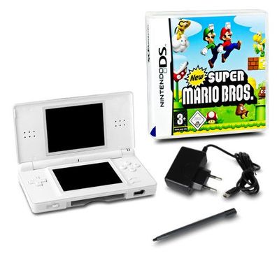 DS Lite Handheld Konsole Weiss #71A + Ladekabel + Spiel New Super Mario Bros.