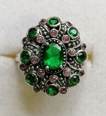 Silber Ring 925 mit elegante Smaragden & pink Saphiren, Gr.53.5, Neu,3,28g, Top