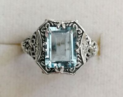 Silber Ring 925 mit elegante Aquamarin , Antik style, Gr.51, Art Deco, Neu, Top