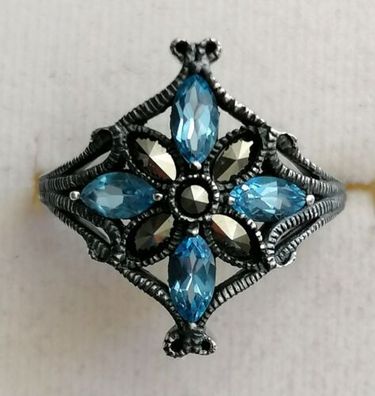 Antik Silber Ring 925 mit elegante Blautopas & Markasiten, Gr.57, Art Deco, Top