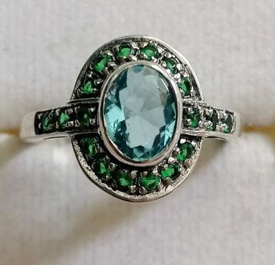 Silber Ring 925 mit elegante groß Aquamarin & Smaragden, Gr.54, Neu , Top
