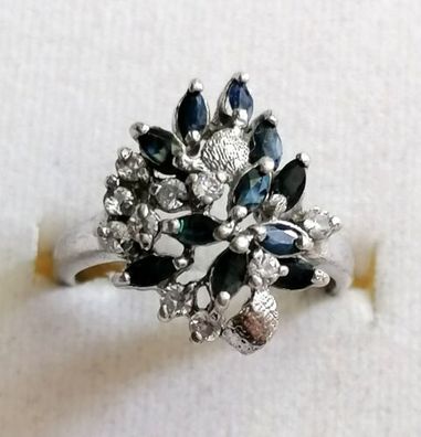Silber Ring 925 mit elegante Saphiren & Zirkonia, Gr.58, Art Deco, 5,49 g , Top