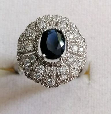 Silber Ring 925 mit elegante Saphir & Zirkonia, Gr.54, Neu, Art Deco, Top