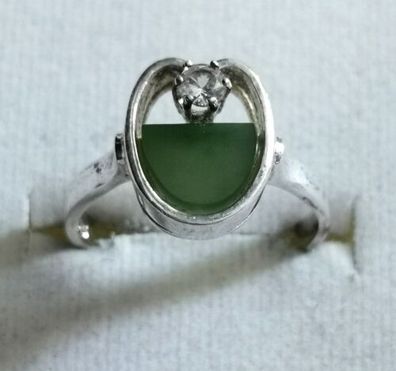 Antik Silber Ring 925 mit elegante Jade & Zirkonia, Gr.57, veränderbar, Art Deco