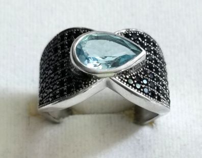 Silber Ring 925 mit Aquamarin Tropfen & Onyx, Gr.66, Art Deco, 9,36g, rar, Top