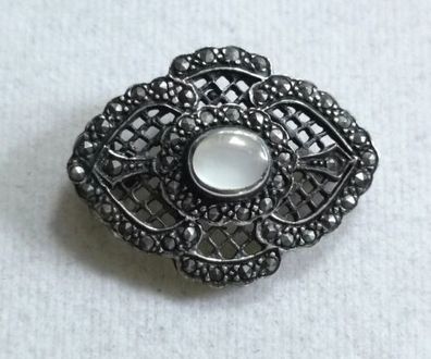 Antik Silber 925 Brosche mit elegante Mondstein & Markasiten , Art Deco, Top